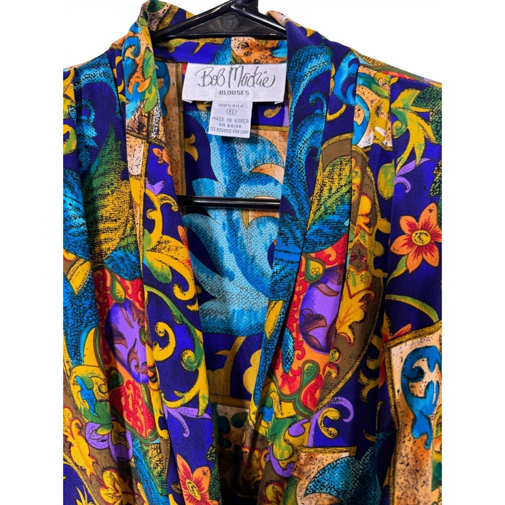 Vintage Bob Mackie Silk‎ Blouse Womens 6 Blue Baroque Floral Shawl Collar Top - Picture 3 of 11